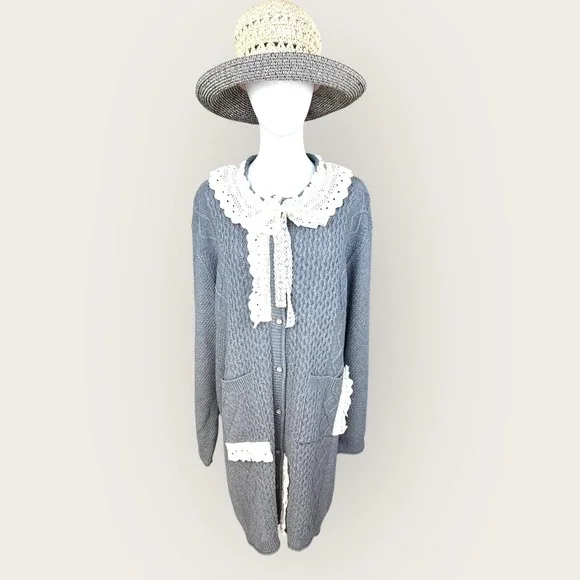 POL‎ NWOT SZ LGE Gray Cable Knit Lace Collar heavy Long Cardigan Sweater Dress - Picture 4 of 13